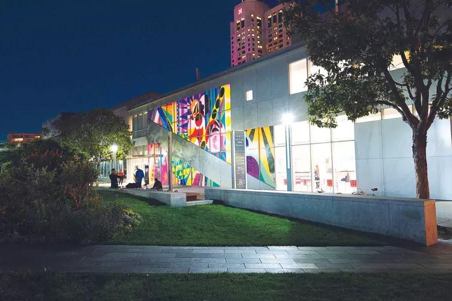 Exterior of Yerba Buena Center for the Arts at night.